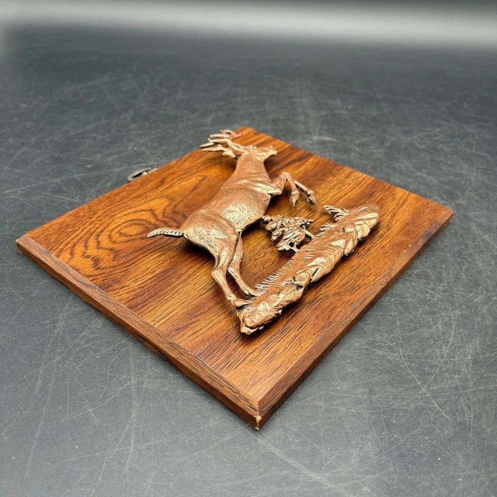 Vtg Set of 2 A&F Canada 3D Leaping Buck Deer Plaques Copper Tone Wood 1330LB
